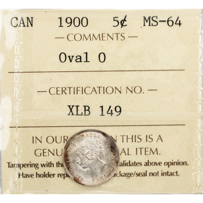 Canada 1900 Oval '0' 5 Cents Silver Coin - ICCS MS-64