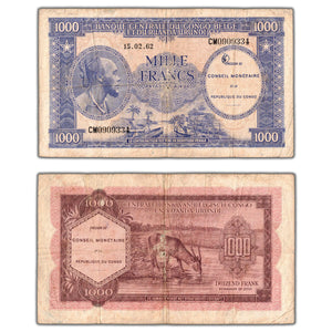 SOLD Congo 1962 1000 Thousand Francs Note P #2 - Fine (two holes in the middle)