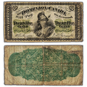 25 Cents 1870 Dominion of Canada Shinplaster Note Plain DC-1c - Small Tears