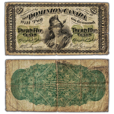 25 Cents 1870 Dominion of Canada Shinplaster Note Plain DC-1c - Small Tears
