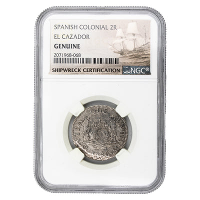 SOLD Mexico Shipwreck 1766 2 Reales Silver Coin - NGC Genuine - El Cazador - Nice Grade