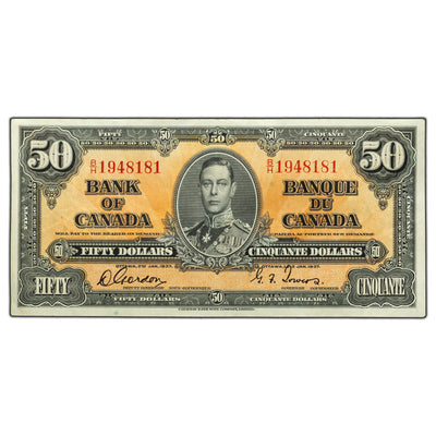 SOLD $50 1937 Bank of Canada Note Gordon-Towers B/H Prefix BC-26b - VF