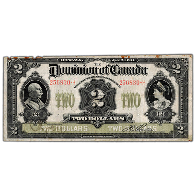 $2 1914 Dominion of Canada Note No Seal Series H DC-22a-i - VF (rust/missing small bits)