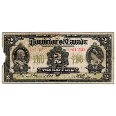 SOLD $2 1914 Dominion of Canada Note No Seal Series L DC-22b - Missing Piece