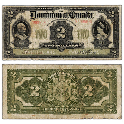 SOLD $2 1914 Dominion of Canada Note No Seal Series H DC-22a-i - VG+