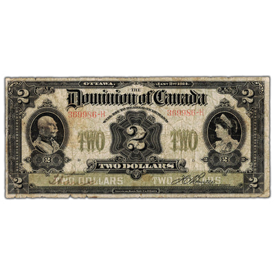 SOLD $2 1914 Dominion of Canada Note No Seal Series H DC-22a-i - VG+