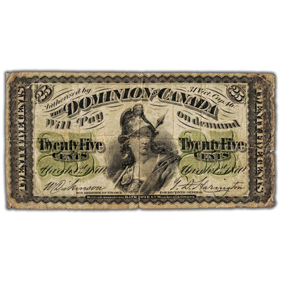 25 Cents 1870 Dominion of Canada Shinplaster Note Plain DC-1c - Small Tears
