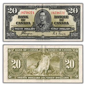 SOLD $20 1937 Bank of Canada Note Coyne-Towers K/E Prefix BC-25c - About EF