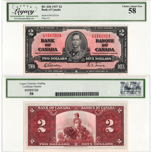 SOLD $2 1937 Bank of Canada Note Gordon-Towers C/B Prefix BC-22b - Legacy AU-58