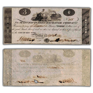 SOLD United States 1814 $3 New York Manufactures Exchange Company Obsolete Note