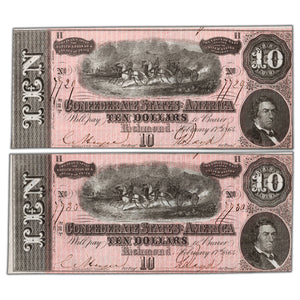 United States 1864 Confederate States of America $10 Notes T-68 - 2 Consecutive UNC
