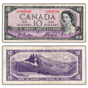 SOLD $10 1954 Bank of Canada Note Devil Face J/D Prefix BC-32b - Fine+