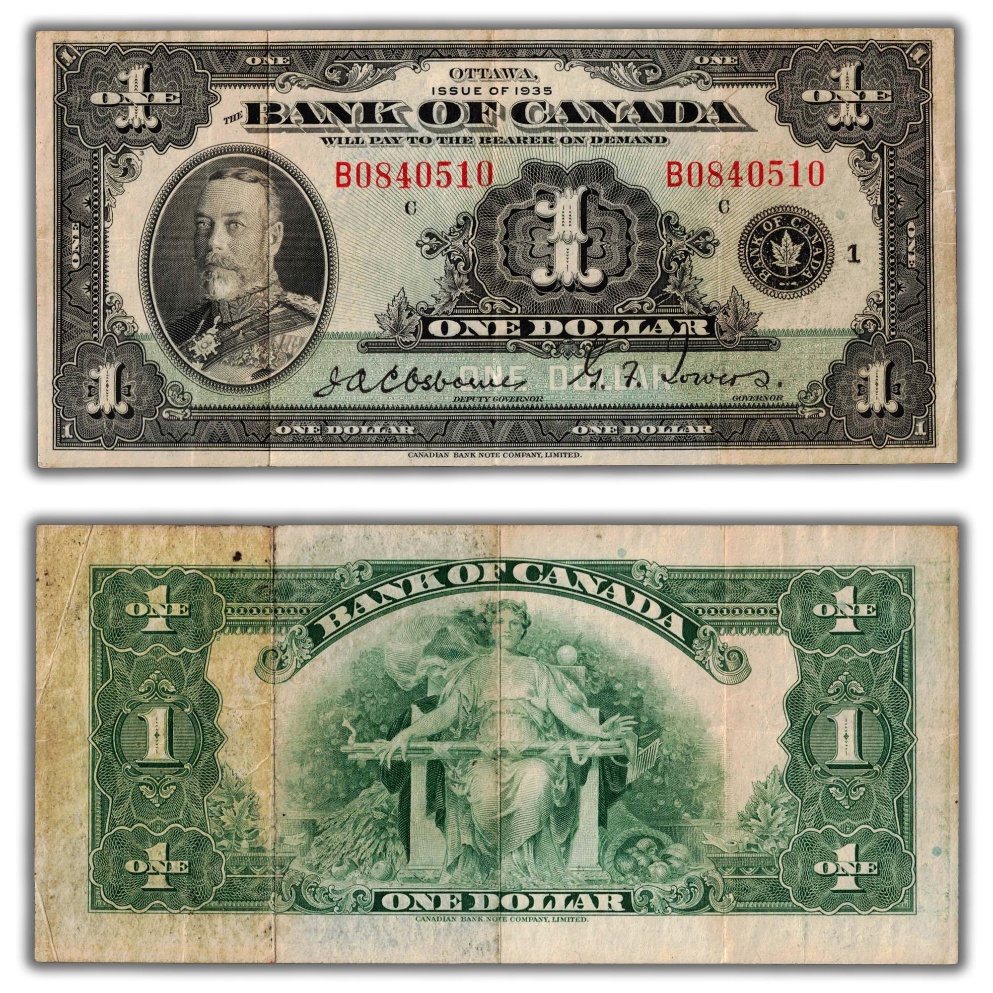 Stained Bank Note $1 1935 Bank of Canada Note English Text Series B BC-1 - VF (stained ...