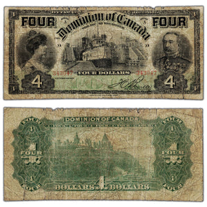 SOLD $4 1902 Dominion of Canada Note Word FOUR at Top DC-17b- Circulated (edge tears)