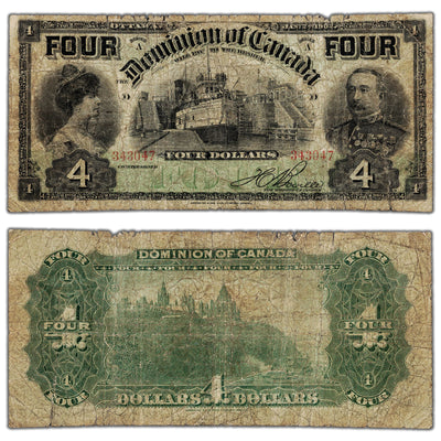 SOLD $4 1902 Dominion of Canada Note Word FOUR at Top DC-17b- Circulated (edge tears)