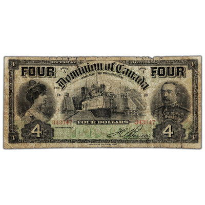 SOLD $4 1902 Dominion of Canada Note Word FOUR at Top DC-17b- Circulated (edge tears)