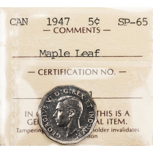 SOLD Canada 1947 Maple Leaf 5 Cents Nickel Coin - ICCS SP-65