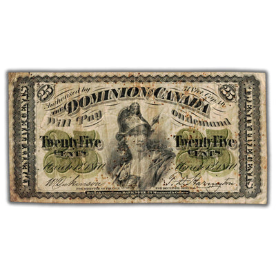 25 Cents 1870 Dominion of Canada Shinplaster Note Plain DC-1c - Rust Spots/Pinholes