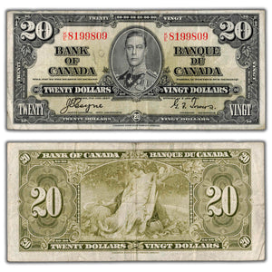 SOLD $20 1937 Bank of Canada Note Coyne-Towers K/E BC-25c - VF (writing)