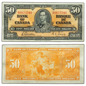 SOLD $50 1937 Bank of Canada Note Gordon-Towers B/H Prefix BC-26b - VF+