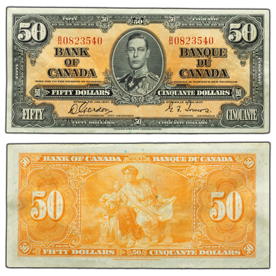 SOLD $50 1937 Bank of Canada Note Gordon-Towers B/H Prefix BC-26b - VF+
