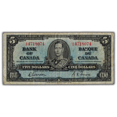 $5 1937 Bank of Canada Note Gordon-Towers E/C Prefix BC-23b - Fine