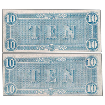 United States 1864 Confederate States of America $10 Notes T-68 - 2 Consecutive UNC