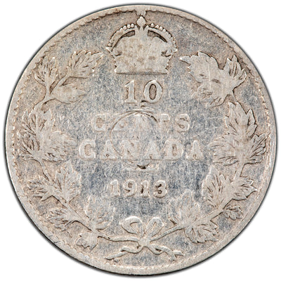 Canada 1913 Broad Leaves 10 Cents Dime SIlver Coin - Reverse Damage