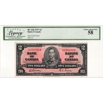 SOLD $2 1937 Bank of Canada Note Gordon-Towers C/B Prefix BC-22b - Legacy AU-58