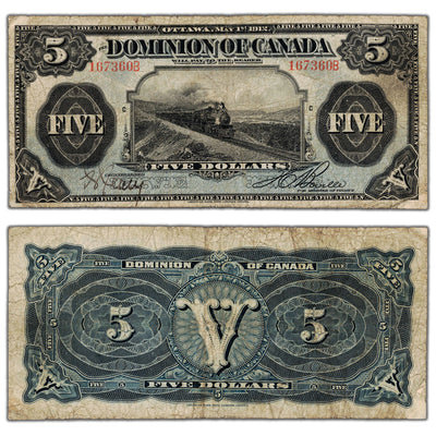 SOLD $5 1912 Dominion of Canada Note No Seal Boville DC-21b - Fine