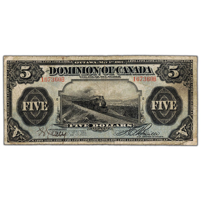 SOLD $5 1912 Dominion of Canada Note No Seal Boville DC-21b - Fine