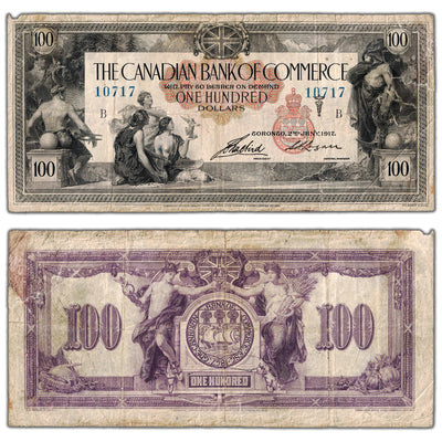 SOLD $100 1917 Canadian Bank of Commerce Canada Chartered Note #75-16-02-12 - Missing Small Piece