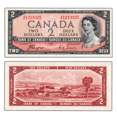 SOLD $2 1954 Bank of Canada Note Devil Face A/B Prefix BC-30a - AU+