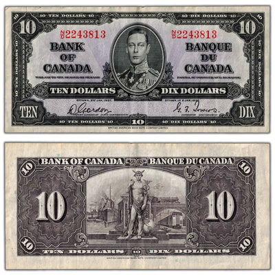 $10 1937 Bank of Canada Note Gordon-Towers N/D Prefix BC-24b - VF/EF