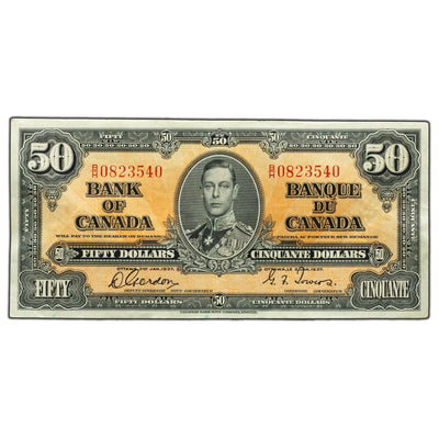 SOLD $50 1937 Bank of Canada Note Gordon-Towers B/H Prefix BC-26b - VF+