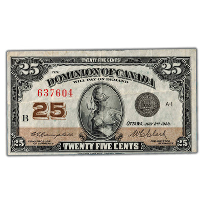 25 Cents 1923 Dominion of Canada Note Shinplaster DC-24d - VF+