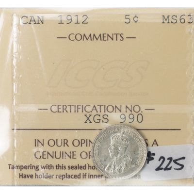 SOLD Canada 1912 5 Cents Silver Coin - ICCS MS-63