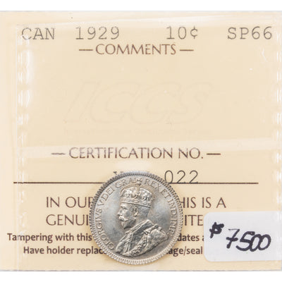 SOLD Canada 1929 10 Cents Dime Silver Coin - ICCS Specimen SP-66