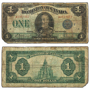 SOLD $1 1923 Dominion of Canada Note Blue Seal Series A DC-25h - Missing Corner
