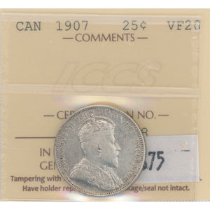 SOLD Canada 1907 25 Cents Quarter Silver Coin - ICCS VF-20