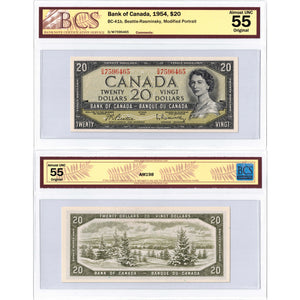SOLD $20 1954 Bank of Canada Note Beattie-Rasminsky D/W Prefix BC-41b - BCS AU-55