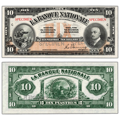 SOLD $10 1922 La Banque Nationale Canada Chartered Specimen Note #510-22-04S - UNC