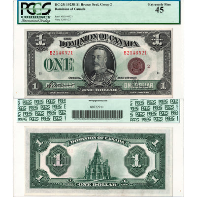 $1 1923 Dominion of Canada Note Bronze Seal Series B DC-25i - PCGS EF-45