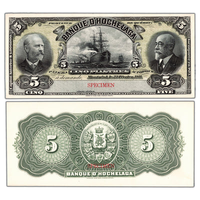 $5 1911 Banque D'Hochelaga Canada Front and Back Coloured Specimen Proofs