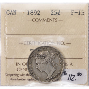 SOLD Canada 1892 25 Cents Quarter Silver Coin - ICCS F-15