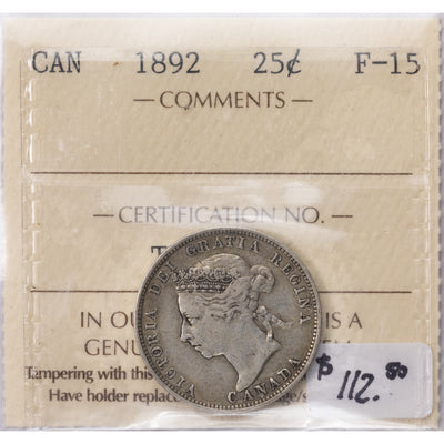 SOLD Canada 1892 25 Cents Quarter Silver Coin - ICCS F-15