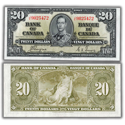 SOLD $20 1937 Bank of Canada Note Coyne-Towers J/E Prefix BC-25c - AU (cleaned)