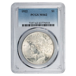 SOLD United States 1922 $1 Peace Dollar Silver Coin - PCGS MS-62