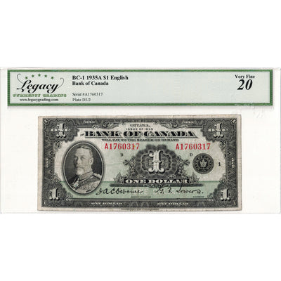 $1 1935 Bank of Canada Note English Text BC-1 - Legacy VF-20