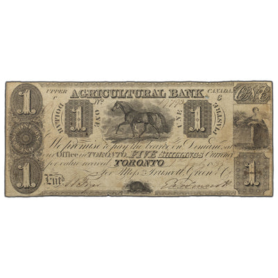 SOLD $1 1835 Agricultural Bank Toronto Canada Note #20-12-02-02